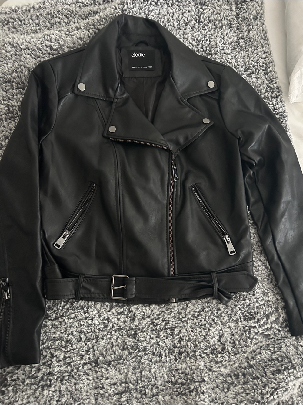 Elodie Faux Black Leather Moto Jacket With Belt Size Medium